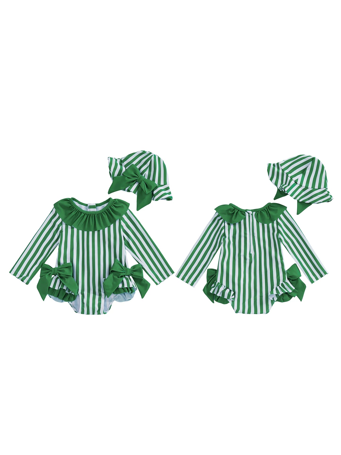 Baby Toddler Girls 3Pcs Swimsuit Ruffles Collar Long Sleeve Striped Print Bow Swimwear with Hat Set