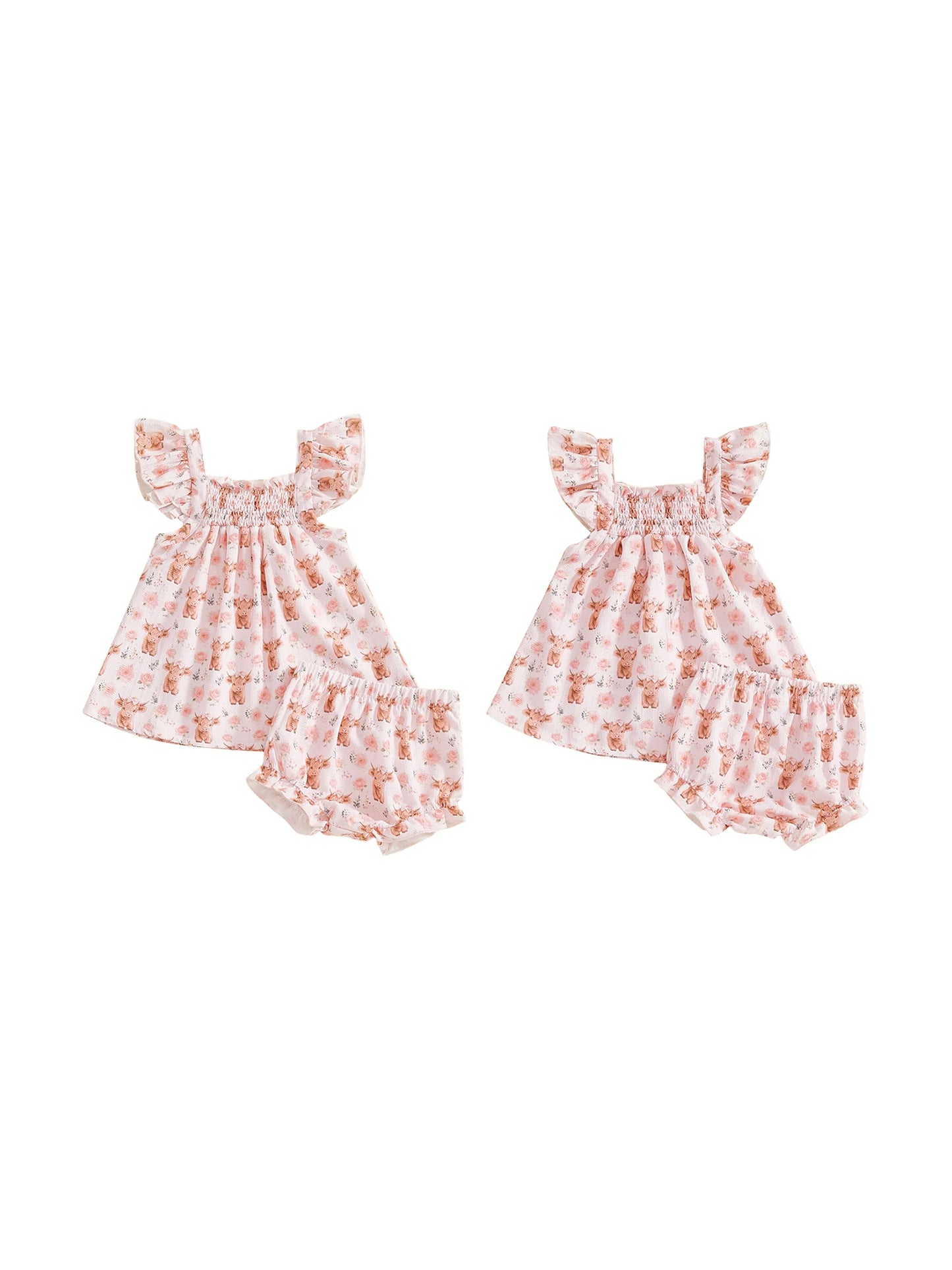 Baby Toddler Girl 2pcs Summer Outfits Highland Cow Floral Print Ruffled Sleeve Top with Matching Shorts 2 Piece Set