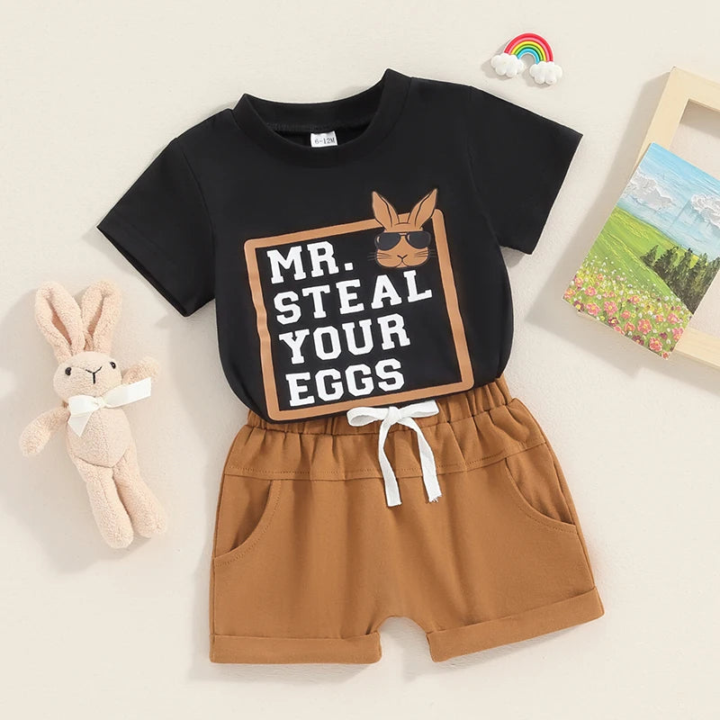 Baby Toddler Boy 2Pcs Easter Outfit Short Sleeve Mr. Steal Your Eggs Letters Rabbit Bunny Sunglasses Print T-shirt with Elastic Waist Shorts Set