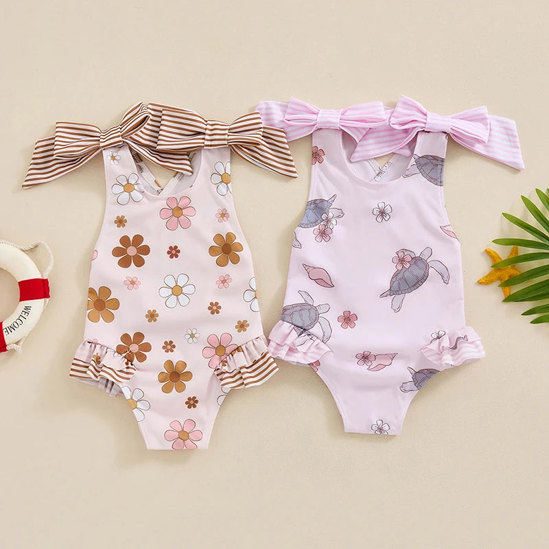 Toddler Kids Girl Summer Swimwear Sleeveless Floral/Turtle Print Ruffle Monokini Swimsuits Bathing Suit Romper