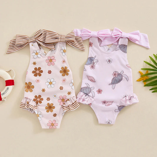 Toddler Kids Girl Summer Swimwear Sleeveless Floral/Turtle Print Ruffle Monokini Swimsuits Bathing Suit Romper