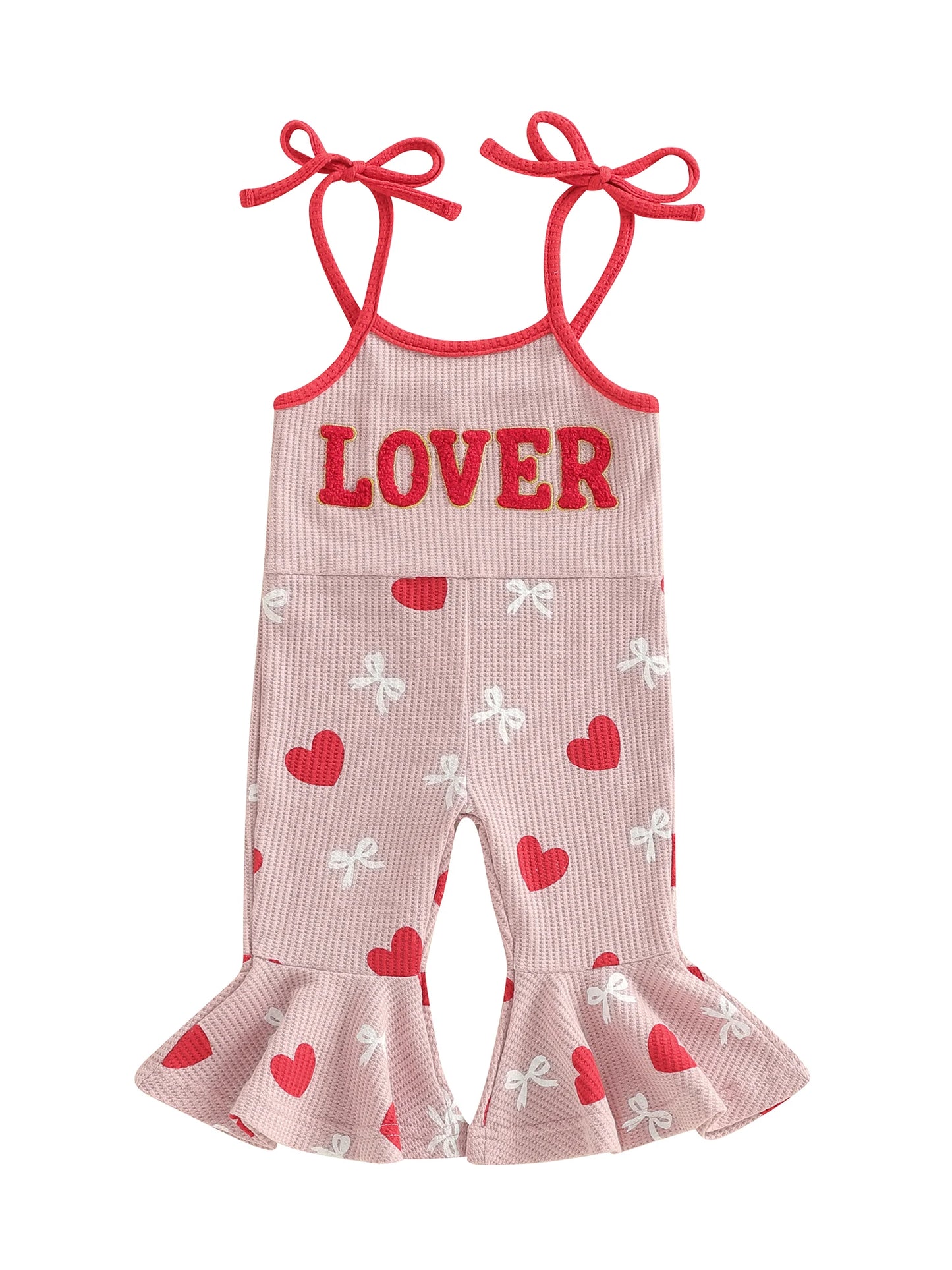 Baby Toddler Girls LOVER Valentine's Day Tank Top Flare Leg Overalls Jumpsuits Letter Embroidery Heart Print Bell Bottom Romper