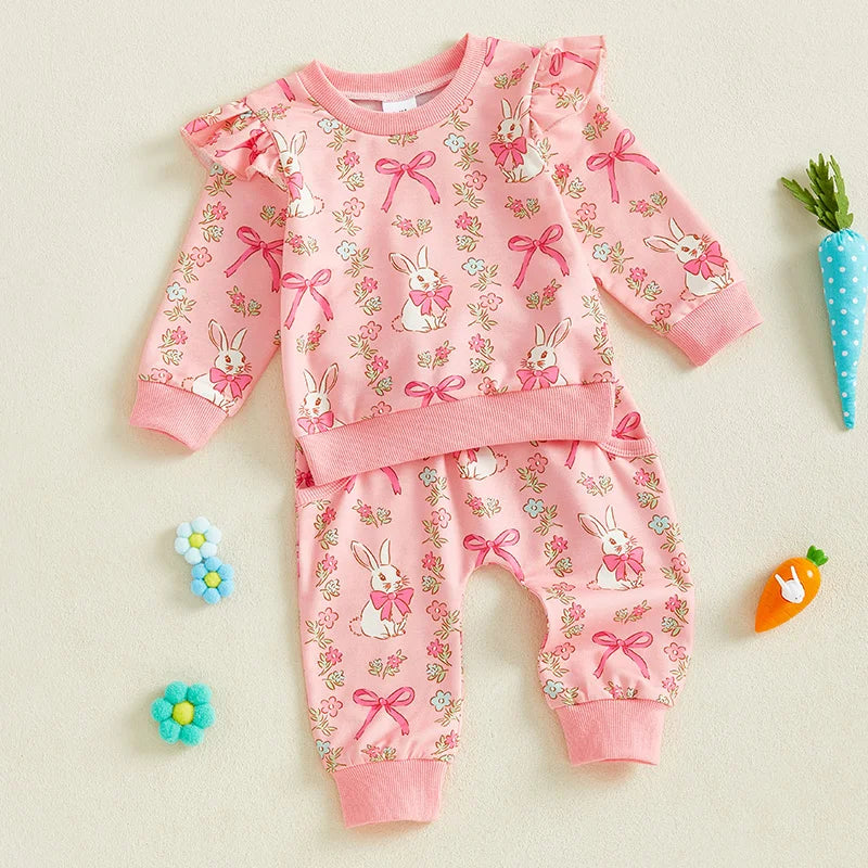 Baby Toddler Girls 2Pcs Easter Outfit Bow Bunny Rabbit Print Long Sleeve Top + Elastic Waist Long Pants Spring Set