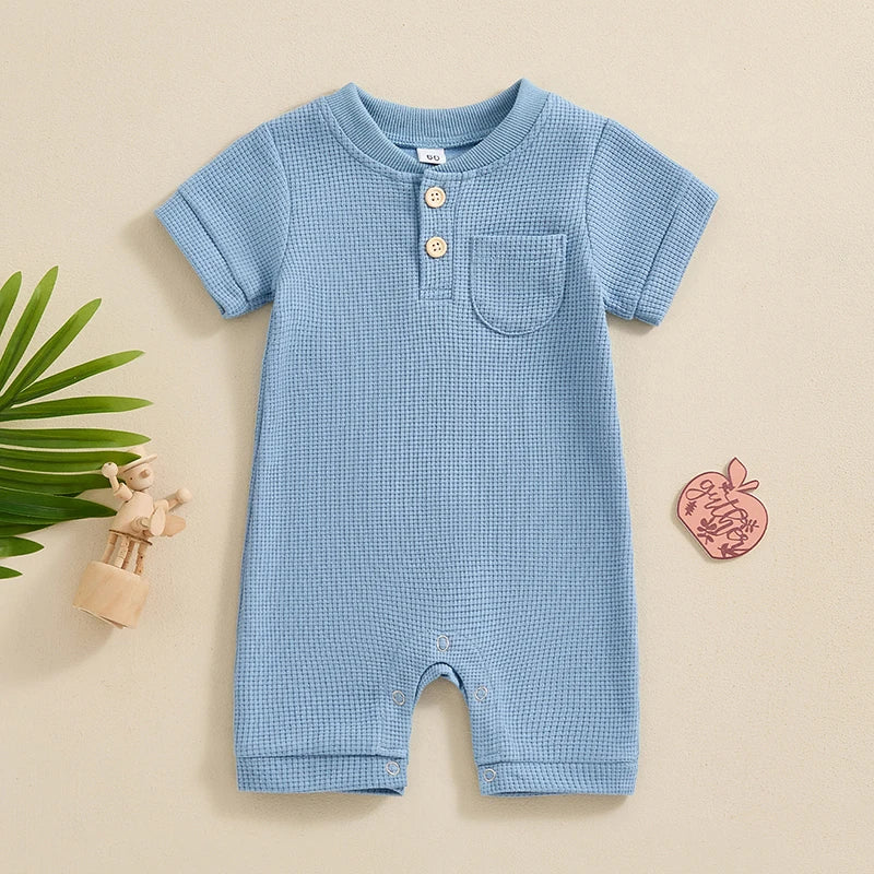 Baby Boy Girl Jumpsuit Summer Short Sleeve Solid Color Waffle Button Romper Playsuit