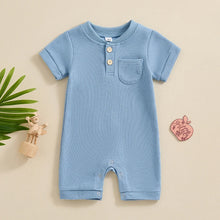 Load image into Gallery viewer, Baby Boy Girl Jumpsuit Summer Short Sleeve Solid Color Waffle Button Romper Playsuit
