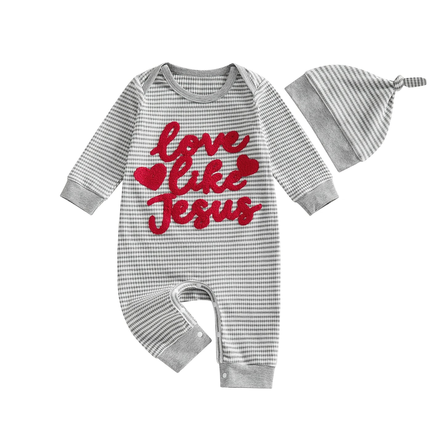 Baby Boys Girls 2Pcs Valentine's Day Romper Love Like Jesus Striped Heart Letter Embroidered Long Sleeve Jumpsuit Knotted Hat Set