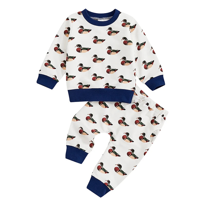 Baby Toddler Boys 2Pcs Fall Jogger Set Duck Print Long Sleeve Crew Neck Top with Elastic Waist Pants Outfit