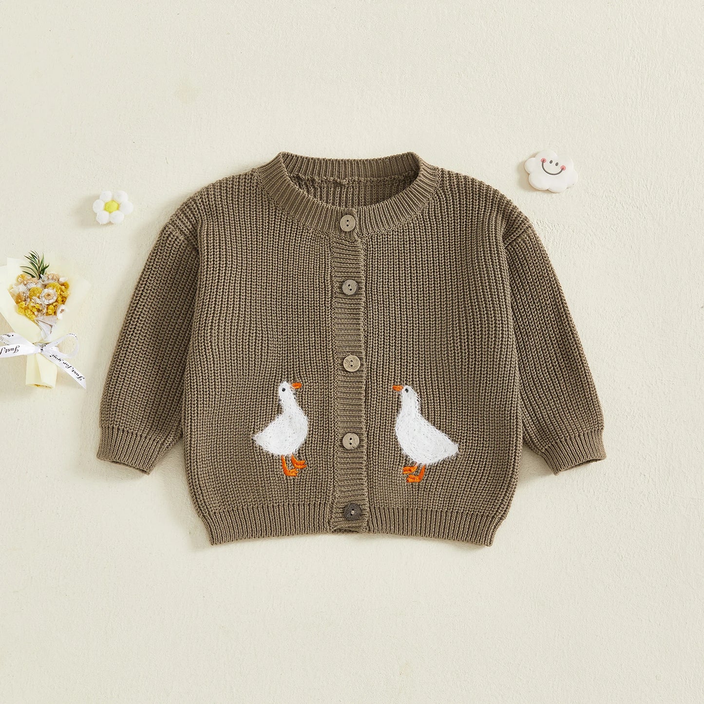 Toddler Kids Girl Knit Sweater Long Sleeve Round Neck Goose Embroidery Button Down Cardigan Tops
