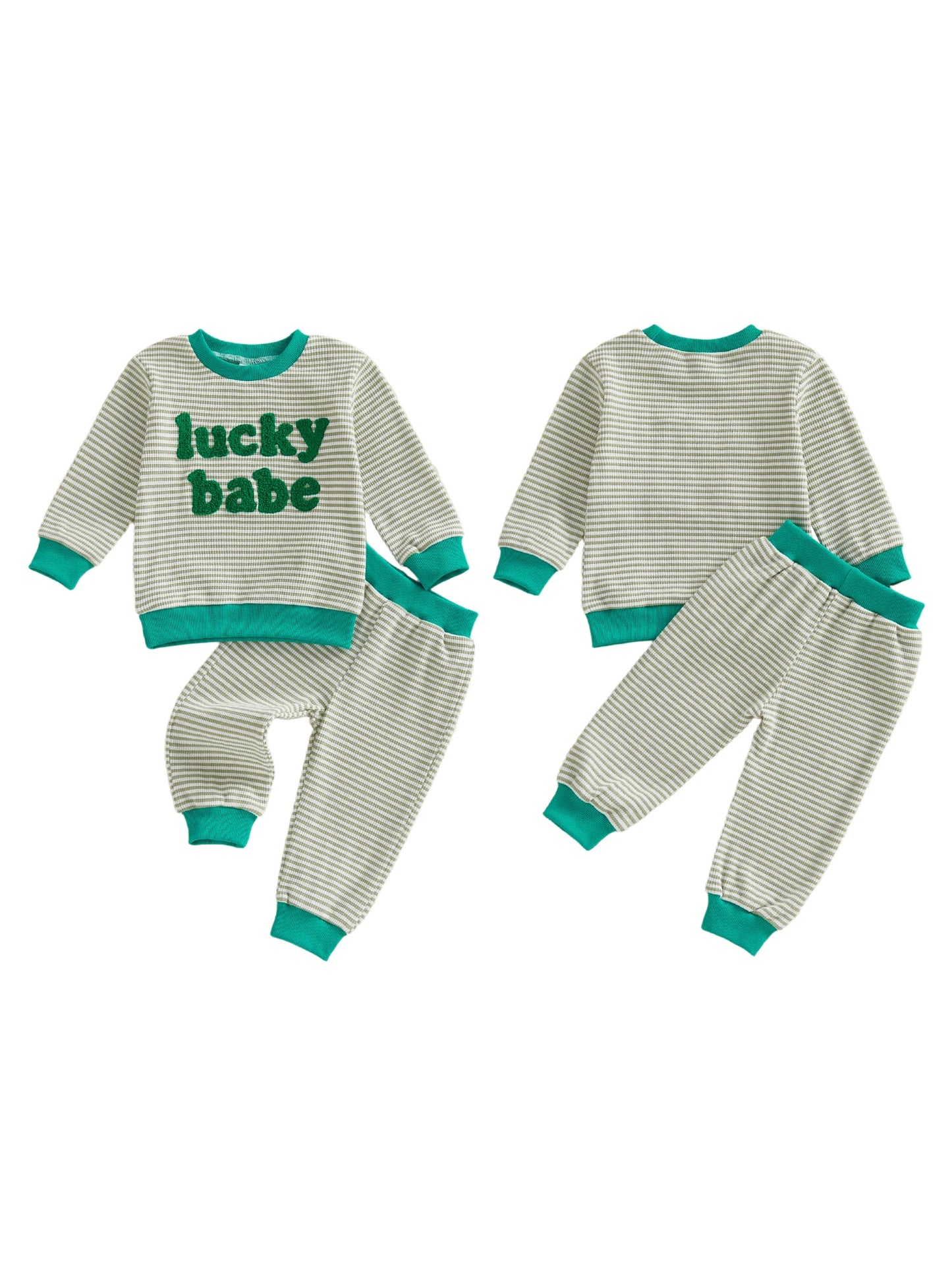 Baby Toddler Boys Girls 2Pcs Lucky Babe St. Patrick's Day Irish Outfit Striped Letter Embroidered Long Sleeve Top and Pants Jogger Set