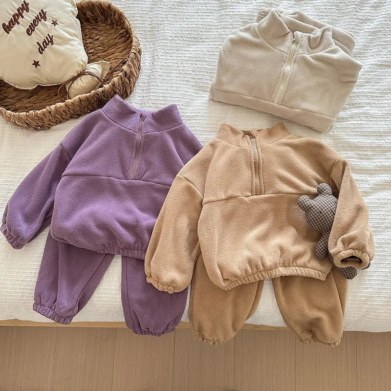 Toddler Kid Boy Girl 2Pcs Clothes Set Fleece Pullover Top Pant Suit Casual Warm Thick Winter Two Piece Jogger Set