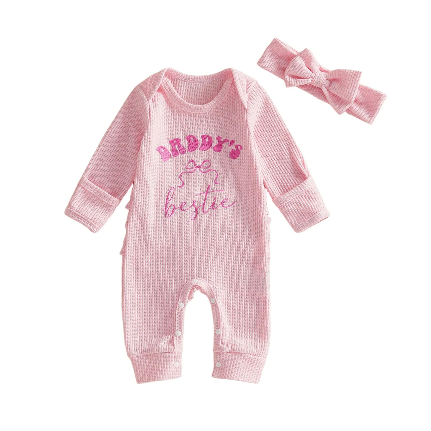 Baby Girls 2Pcs Daddy's Bestie Romper Fashionable Cute Bow Letters Embroidery Long Sleeve Jumpsuit with Headband Set
