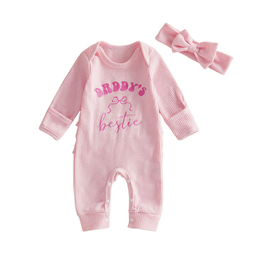Baby Girls 2Pcs Daddy's Bestie Romper Fashionable Cute Bow Letters Embroidery Long Sleeve Jumpsuit with Headband Set