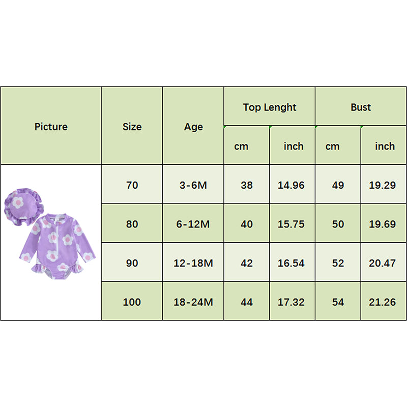 Baby Toddler Girls 2Pcs Swimsuit with Hat Flower Print Long Sleeve Ruffles Round Neck Front Zipper Bathing Suit Set