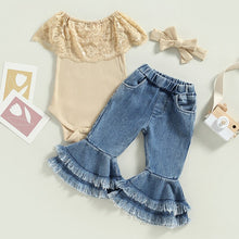 Load image into Gallery viewer, Infant Baby Girls 3Pcs  Tank Top Lace Romper with Bell Bottom Flare Pants and Bow Outfit
