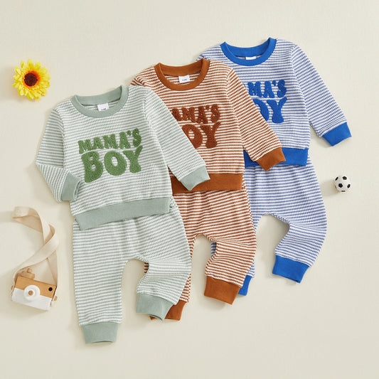 Baby Toddler Boys 2Pcs Fall Striped Outfit Letter Embroidery Long Sleeve Top and Elastic Pants Jogger Set