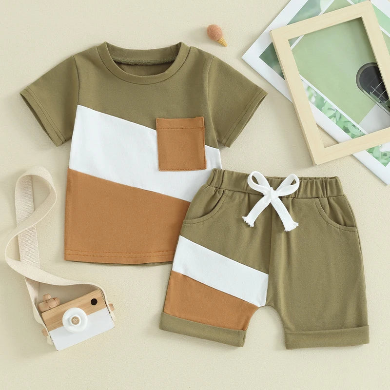 Baby Toddler Boys 2Pcs Shorts Set Contrast Color Short Sleeve Top Pocket with Elastic Waist Shorts Set Summer Spring Outfit