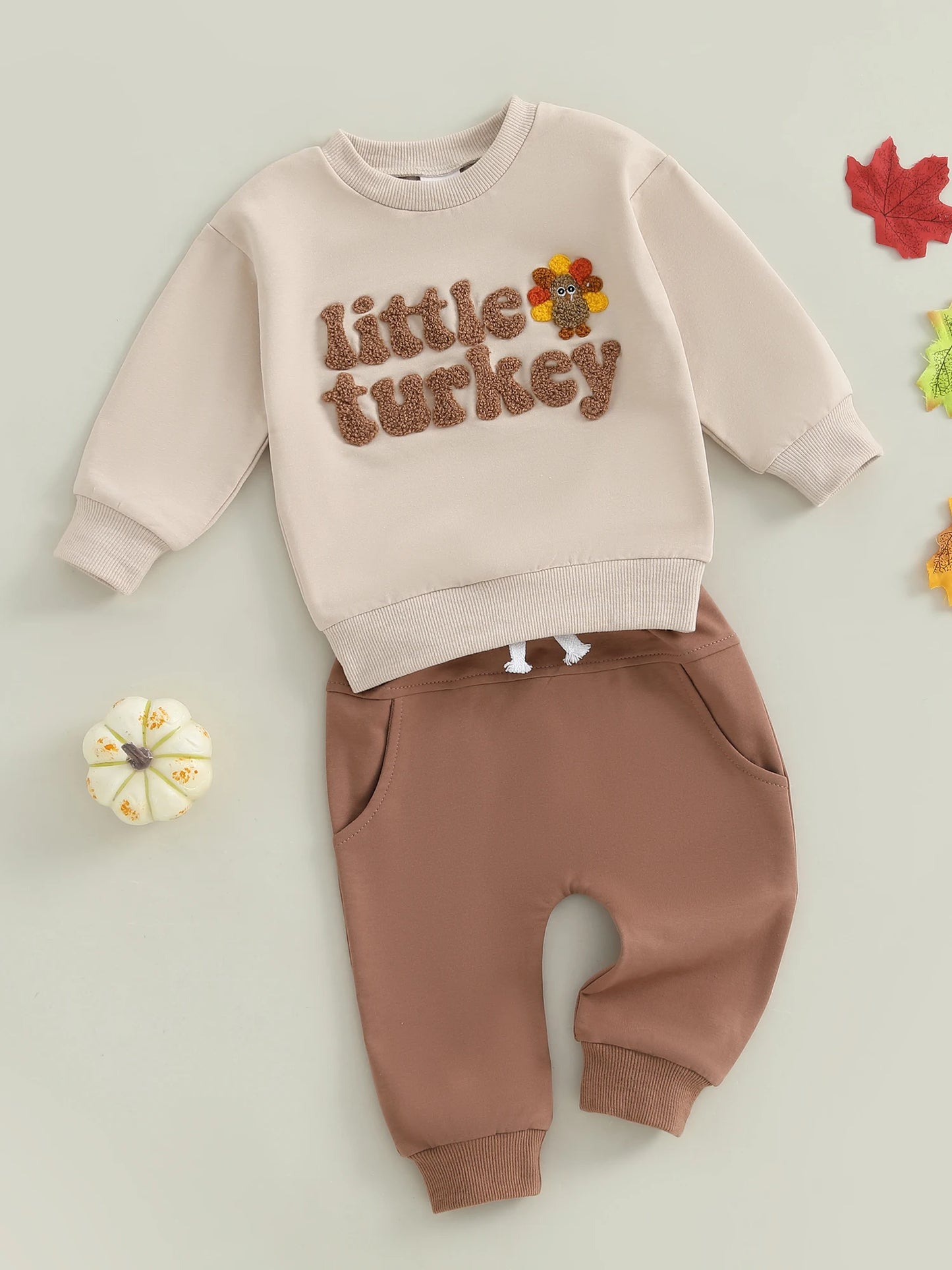 Baby Toddler Boy 2Pcs Little Turkey Thanksgiving Outfit Letter Turkey Embroidery Long Sleeve O-Neck Pullover + Elastic Waist Solid Pants Jogger Set