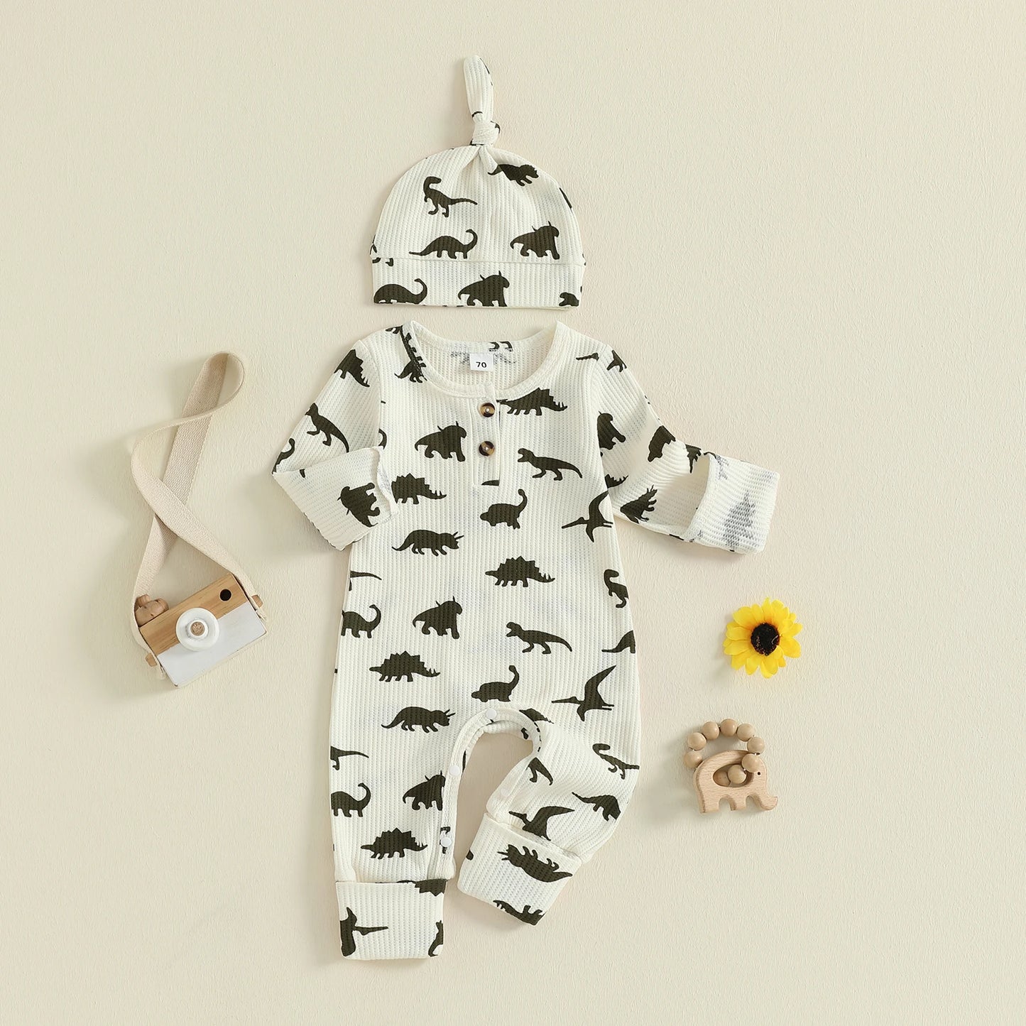 Baby Boys Girls 2Pcs  Jumpsuit Set Long Sleeve Crew Neck Dinosaur Print Fall Casual Romper with Hat