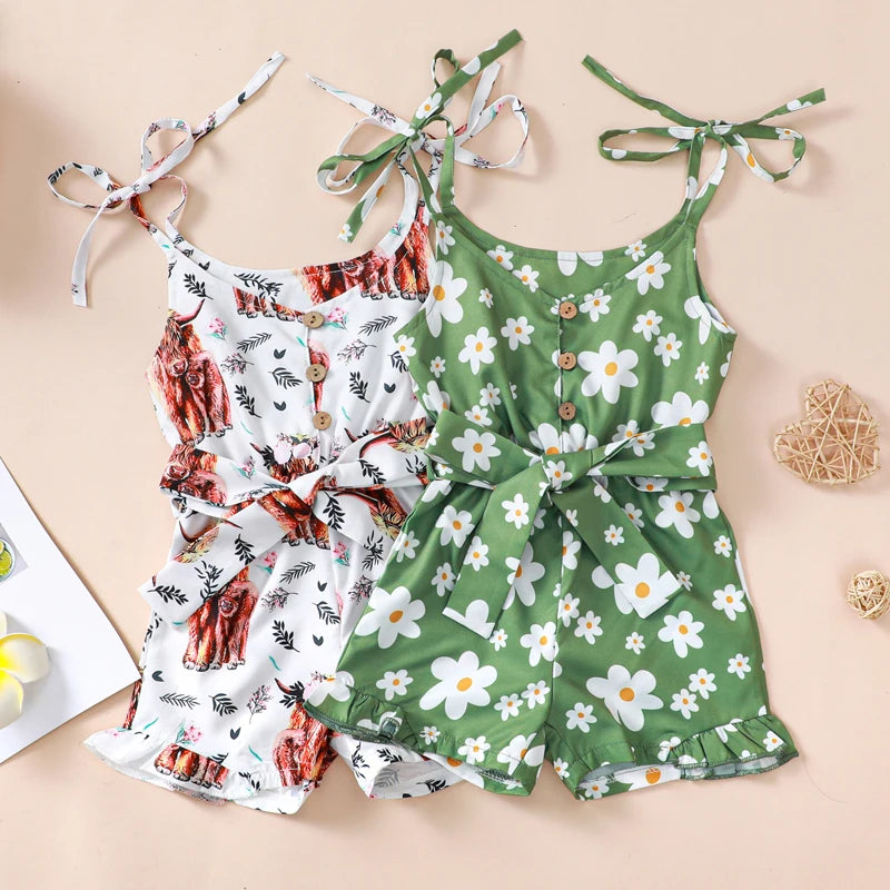 Baby Toddler Kids Girls Summer Romper Casual Western Highland Cow Daisy Flower Print Sleeveless Tie Tank Top Shorts Jumpsuit with Belt