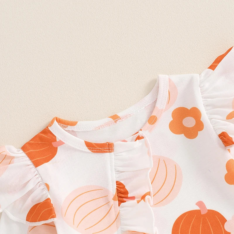 Baby Girls 2Pcs Fall Outfit Long Sleeve Pumpkin Flower Print Jumpsuit with Headband Halloween Clothes Romper Set