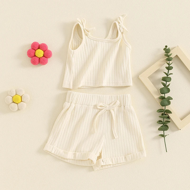 Baby Toddler Girls 2Pcs Summer Outfit Solid Color Ribbed Tank Top Tie Strap Shorts Clothes Matching Set