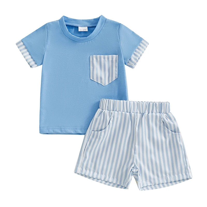 Baby Toddler Boys 2Pcs Set O-Neck Short Sleeve T-shirt Top Striped Elastic Waist Shorts Summer Outfit