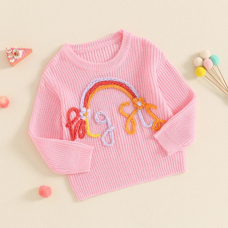 Toddler Kids Girls Big Sis Sweater Casual Rainbow Letter Embroidery Warm Knitted Long Sleeve Pullover Knitwear Top