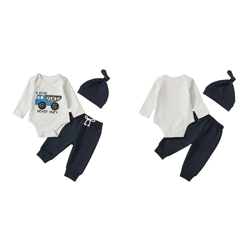 Baby Boys 3Pcs Fall Outfit A Little Dirt Never Hurt Tractor Print Long Sleeve Romper and Elastic Pants Beanie Hat Set