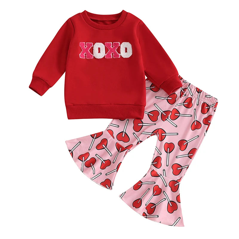 Baby Toddler Girls 2Pcs XOXO Valentine's Day Outfit Letter Embroidery Crew Neck Long Sleeve Top Flare Lolipop Print Pants Clothes Set Valentines