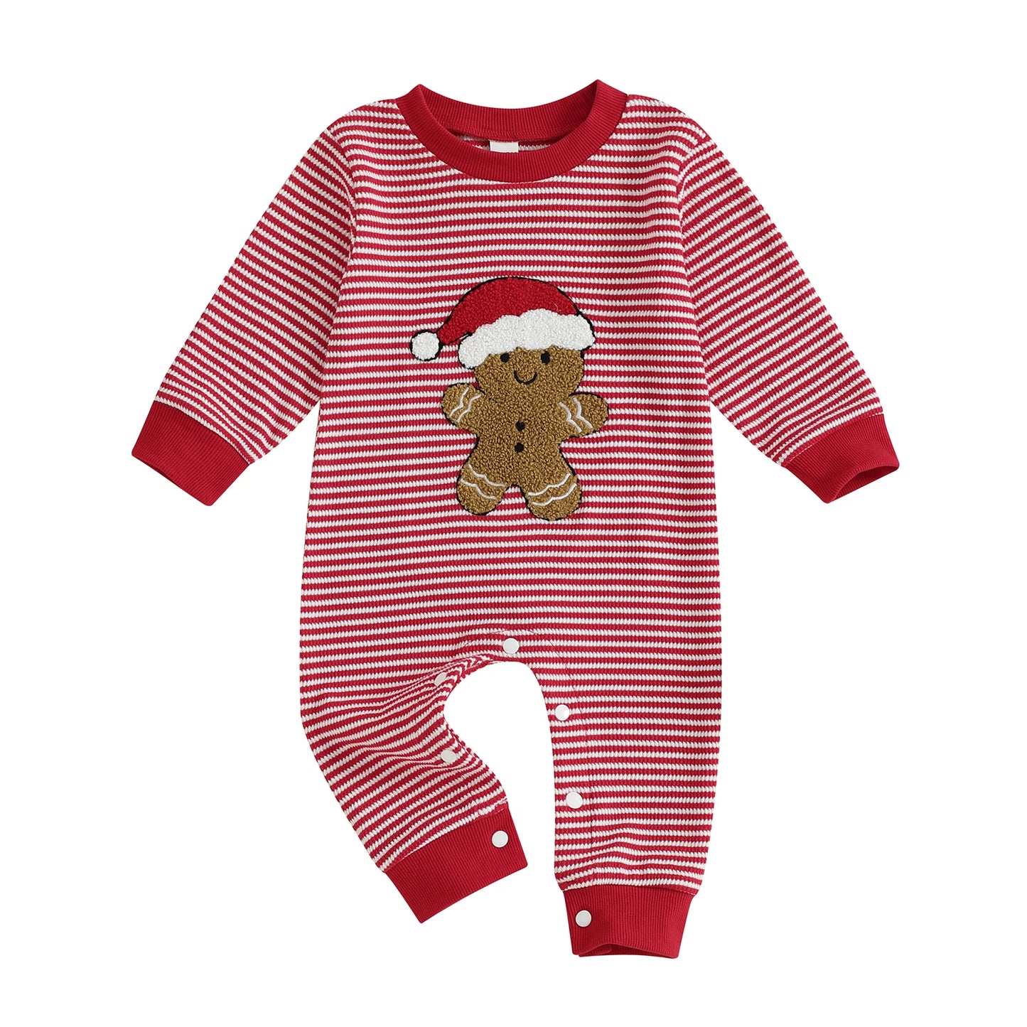 Baby Boys Christmas Romper Stripe Print Gingerbread Man Embroidery Long Sleeve Round Neck Jumpsuit