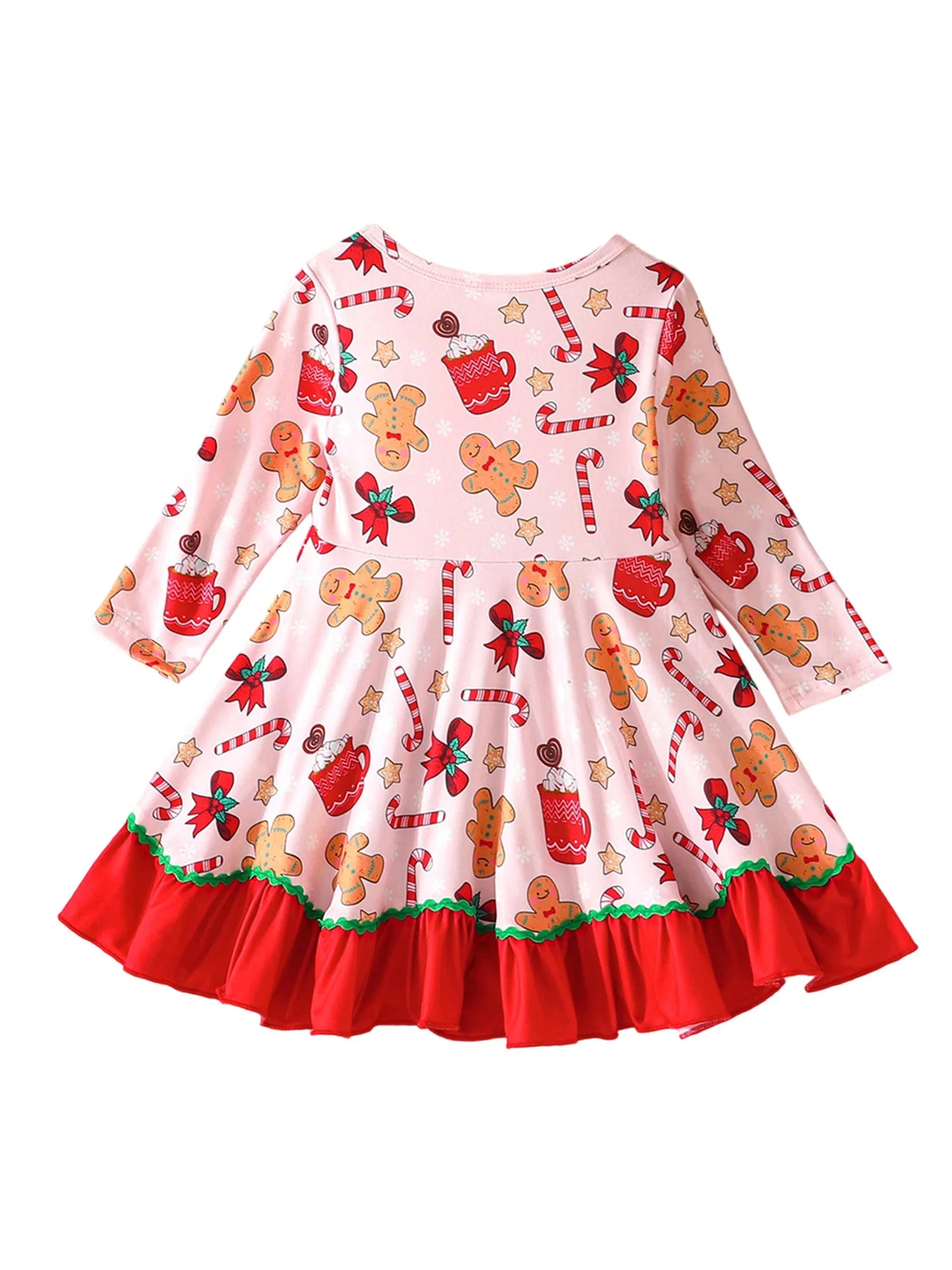Baby Toddler Girl Christmas Dress Long Sleeve Crew Neck Gingerbread Man Cane Candy Print Dress