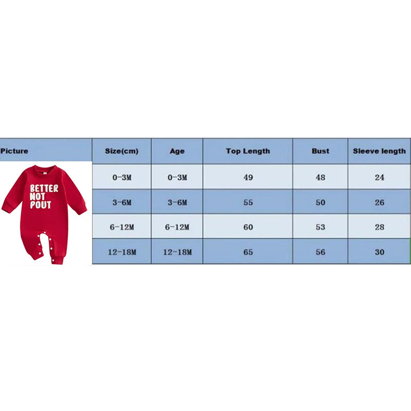 Baby Boys Girls Christmas Jumpsuit Better Not Pout Letter Embroidered Long Sleeve Romper Jumpsuit