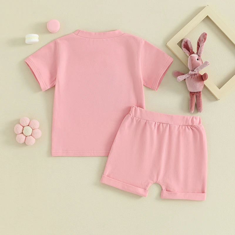 Toddler Baby Boy Girl 2Pcs Easter Outfit Short Sleeve Hoppy Easter T-Shirt Bunny Ears Print Top Set Elastic Waist Shorts