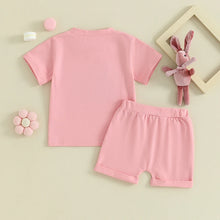 Load image into Gallery viewer, Toddler Baby Boy Girl 2Pcs Easter Outfit Short Sleeve Hoppy Easter T-Shirt Bunny Ears Print Top Set Elastic Waist Shorts
