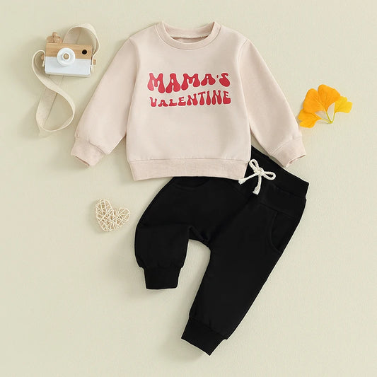 Toddler Baby Boy 2Pcs Valentine's Day Outfit Mama's Valentine Letter Print Long Sleeve Crewneck Top Jogger Pants Set