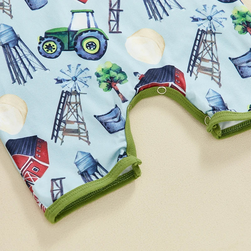 Baby Boys Summer Button Collar Romper Short Sleeve Lapel Western Cowboy Horse Tractor Farm Cactus Cow Print Jumpsuit