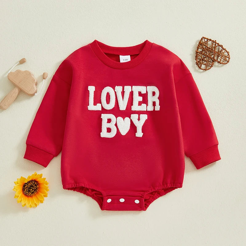 Baby Boy Bubble Romper Valentines Long Sleeve Round Neck Heart Letter Lover Boy Embroidery Bodysuit Valentine's Day