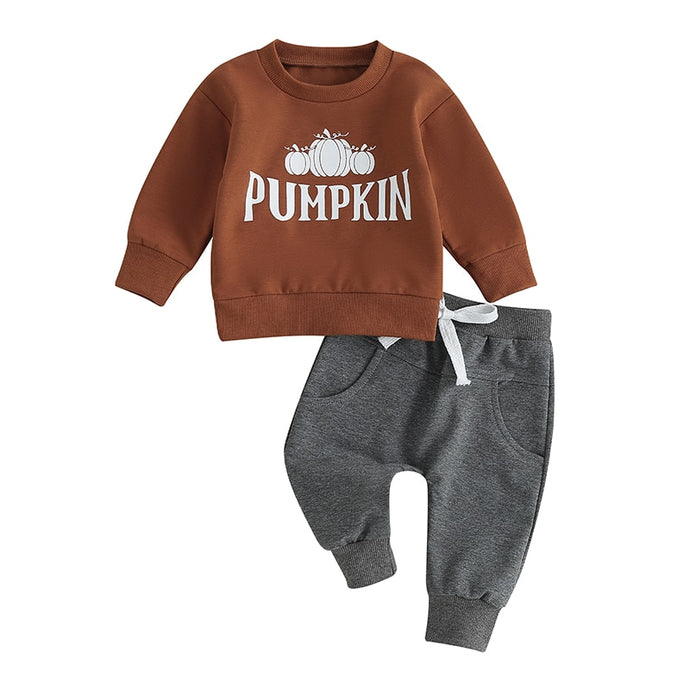 Toddler Baby Boy Girl 2Pcs Pumpkin Print Long Sleeve Crewneck Top Jogger Pant Outfit