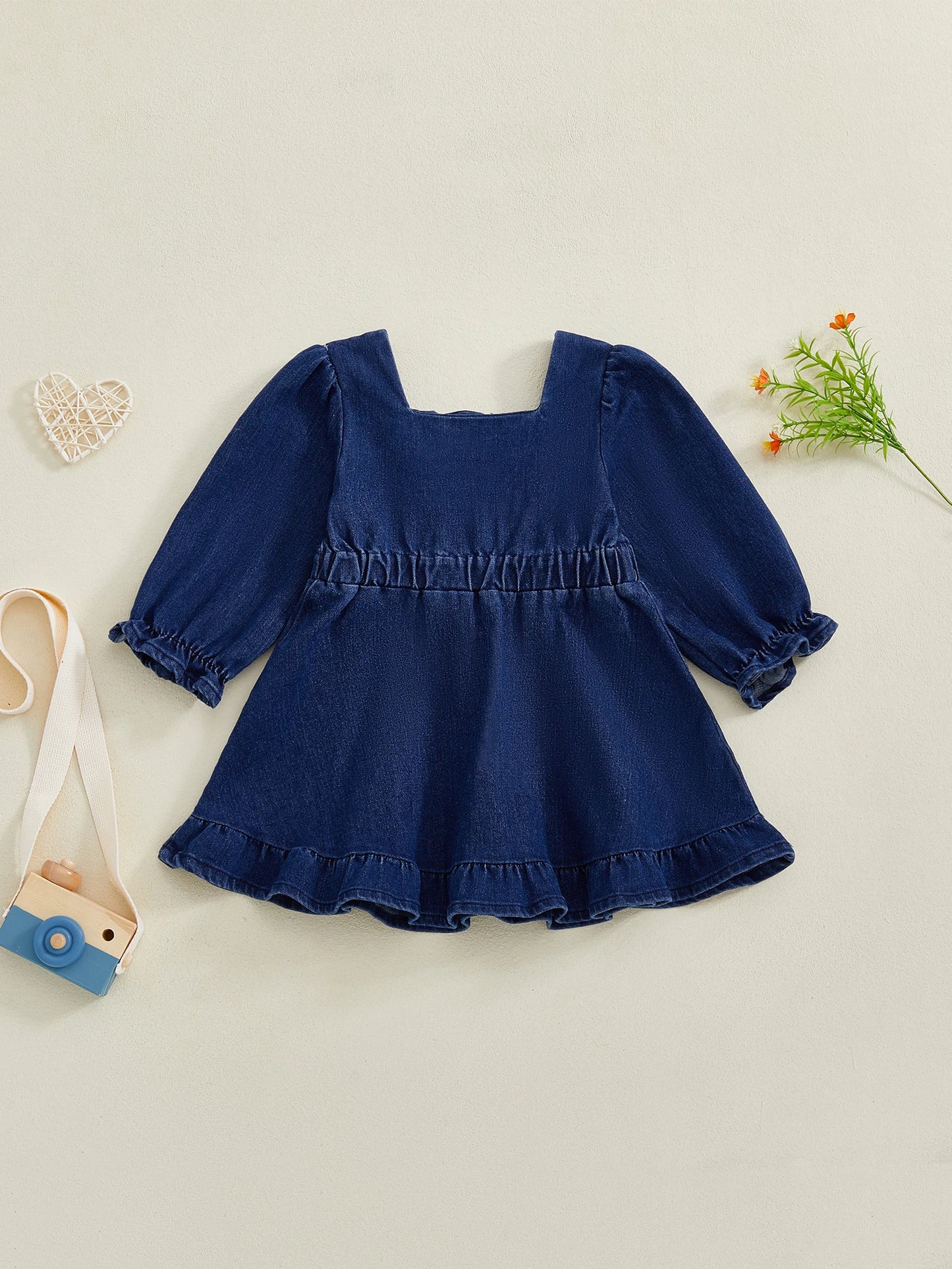 Baby Toddler Girl Denim Dress Long Puff Sleeve Button Down A-Line Dress Ruffle Dress