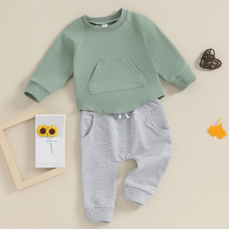 Toddler Baby Boy Girl 2Pcs Long Sleeve Solid Color Top Elastic Pants Set Outfit Tracksuit