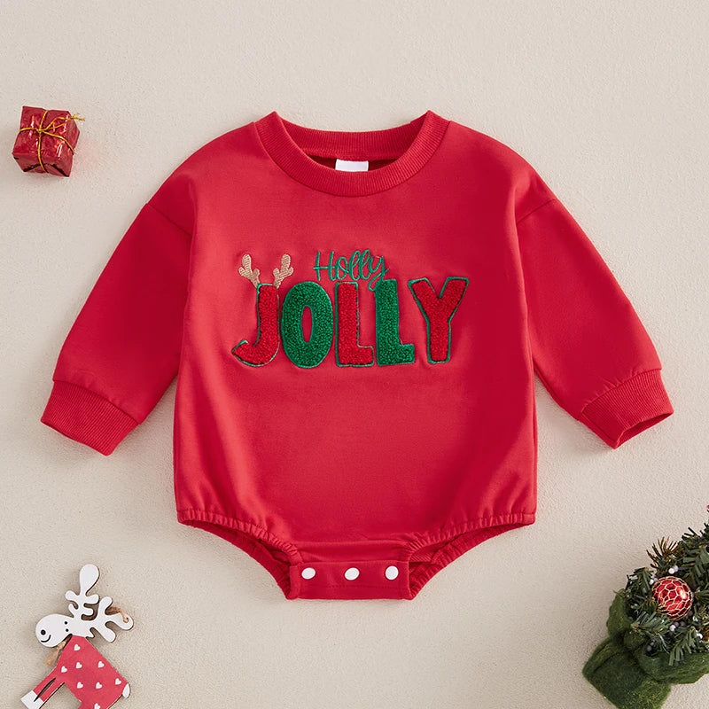 Baby Girls Boys Holly Jolly Christmas Bubble Romper Antler Letter Embroidered Long Sleeve Round Neck Jumpsuit