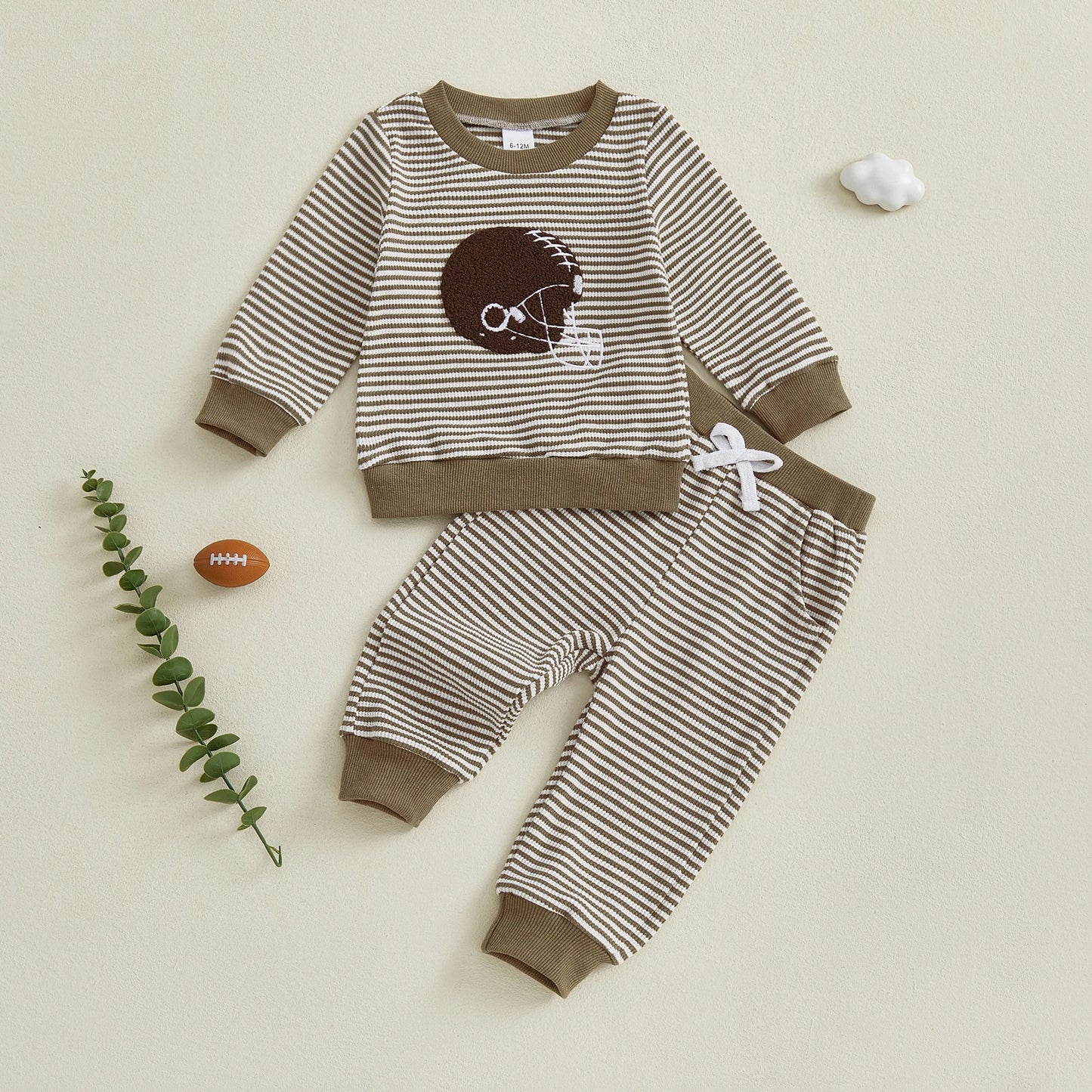 Baby Toddler Boys 2Pcs Football Helmet Outfit Striped Long Sleeve Top Elastic Waist Pants Waffle Jogger Set