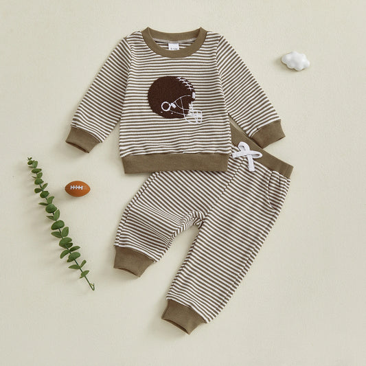 Baby Toddler Boys 2Pcs Football Helmet Outfit Striped Long Sleeve Top Elastic Waist Pants Waffle Jogger Set