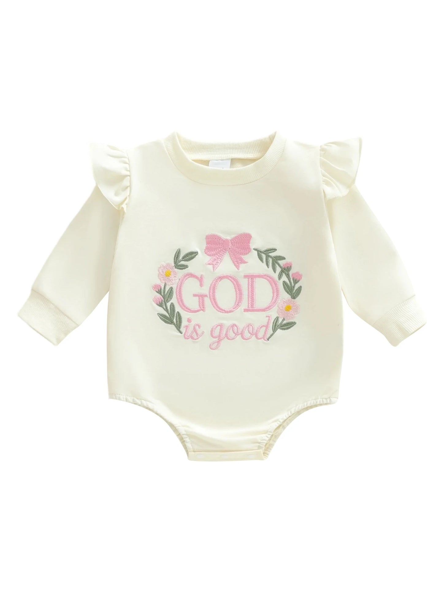 Baby Girl Autumn Casual Romper God Is Good Long Sleeve O Neck Letter Embroidery Bubble Romper