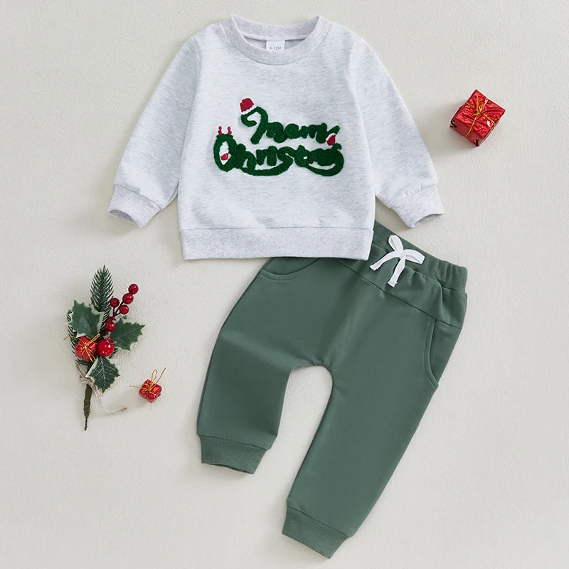 Baby Toddler Boys 2Pcs Merry Christmas Santa Hat / Tis The Season Tree Outfit Letter Embroidery Long Sleeve Top Long Pants Winter Jogger Set