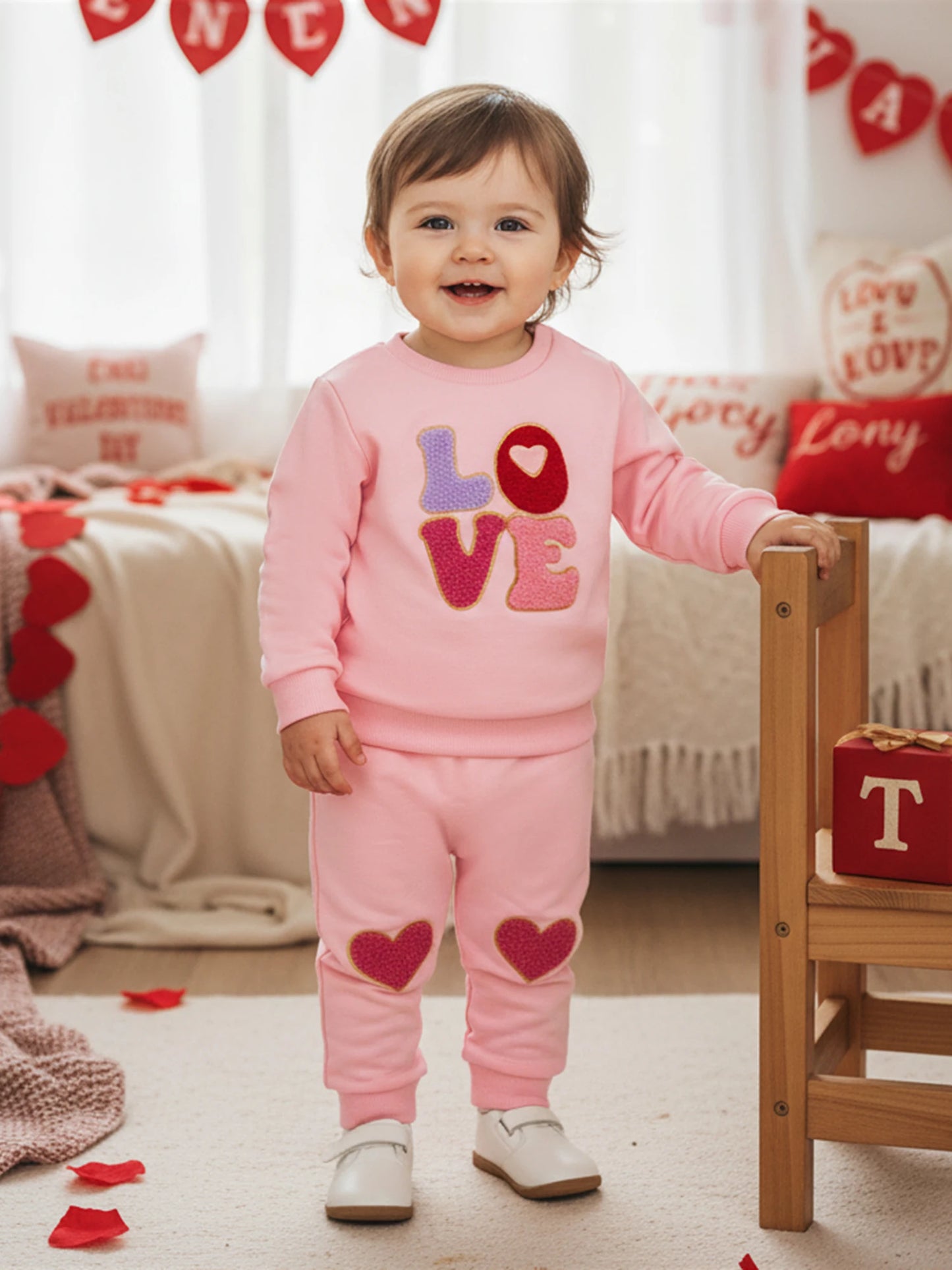 Baby Toddler Girls 2Pcs Valentine's Outfit LOVE Letter Embroidered Long Sleeve Top and Heart Embroidered Pants Jogger Set