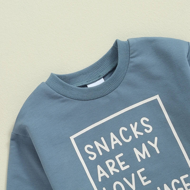 Baby Toddler Boys Girls 2Pcs Snacks Are My Love Language Long Sleeve Crew Neck Letters Print Top with Elastic Waist Pants Set