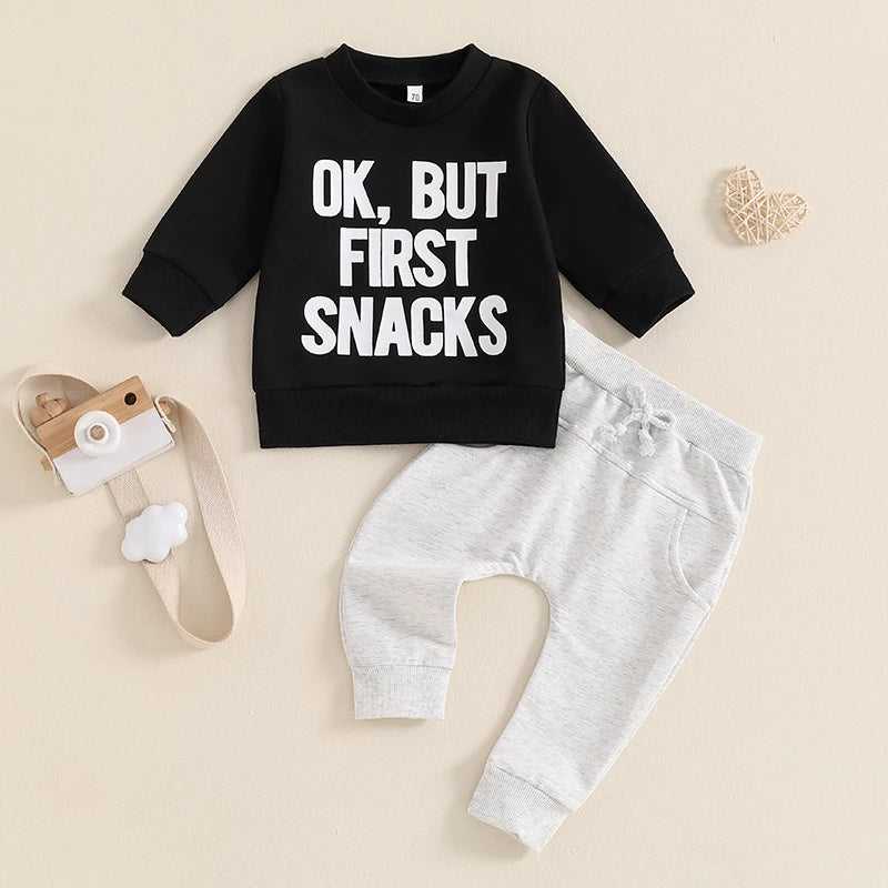 Baby Toddler Boys 2Pcs Ok But First Snacks Set Letter Print Long Sleeve Round Neck Top Drawstring Long Pants Autumn Outfit Set