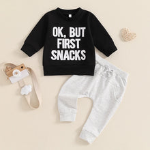 Load image into Gallery viewer, Baby Toddler Boys 2Pcs Ok But First Snacks Set Letter Print Long Sleeve Round Neck Top Drawstring Long Pants Autumn Outfit Set
