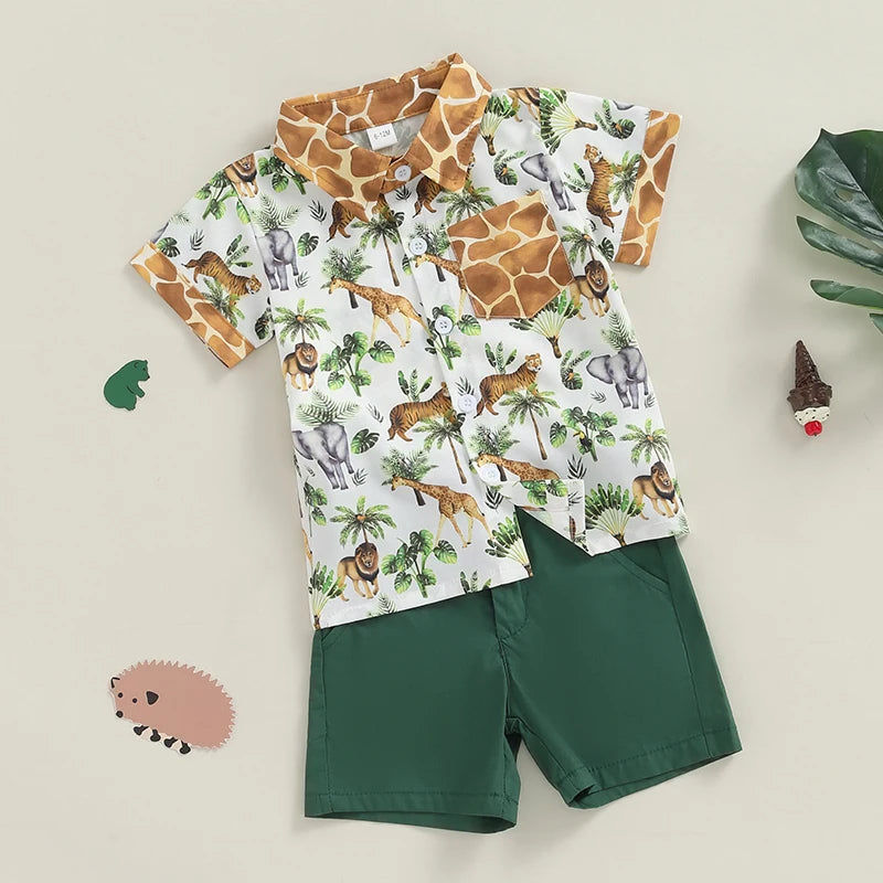 Baby Toddler Boys 2Pcs Summer Outfit Animals Giraffe Elephant Lion Print Turn-Down Collar Short Sleeve Top Shorts Clothes Set